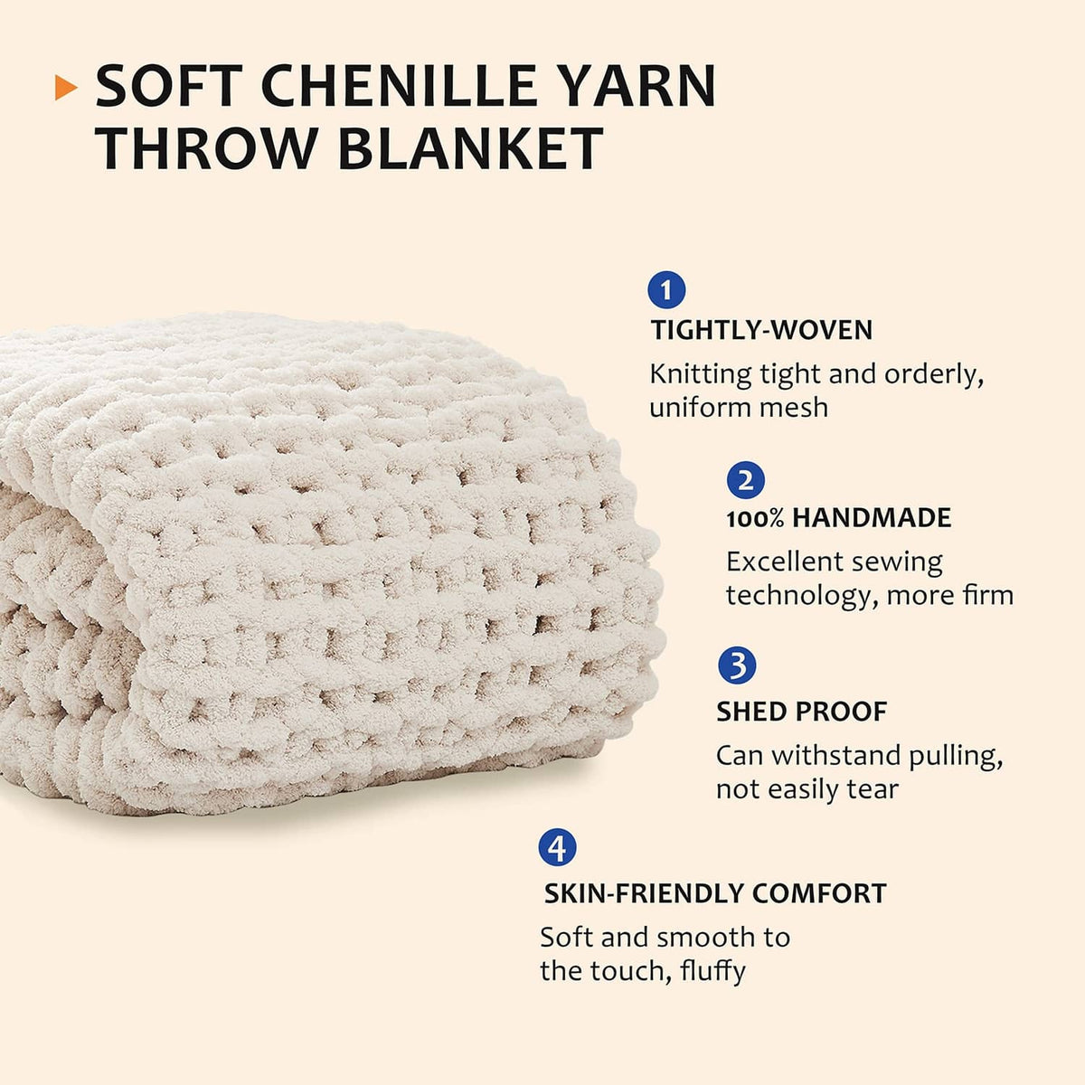 Ivory chenille throw blanket, tightly woven chunky knit, folded close-up