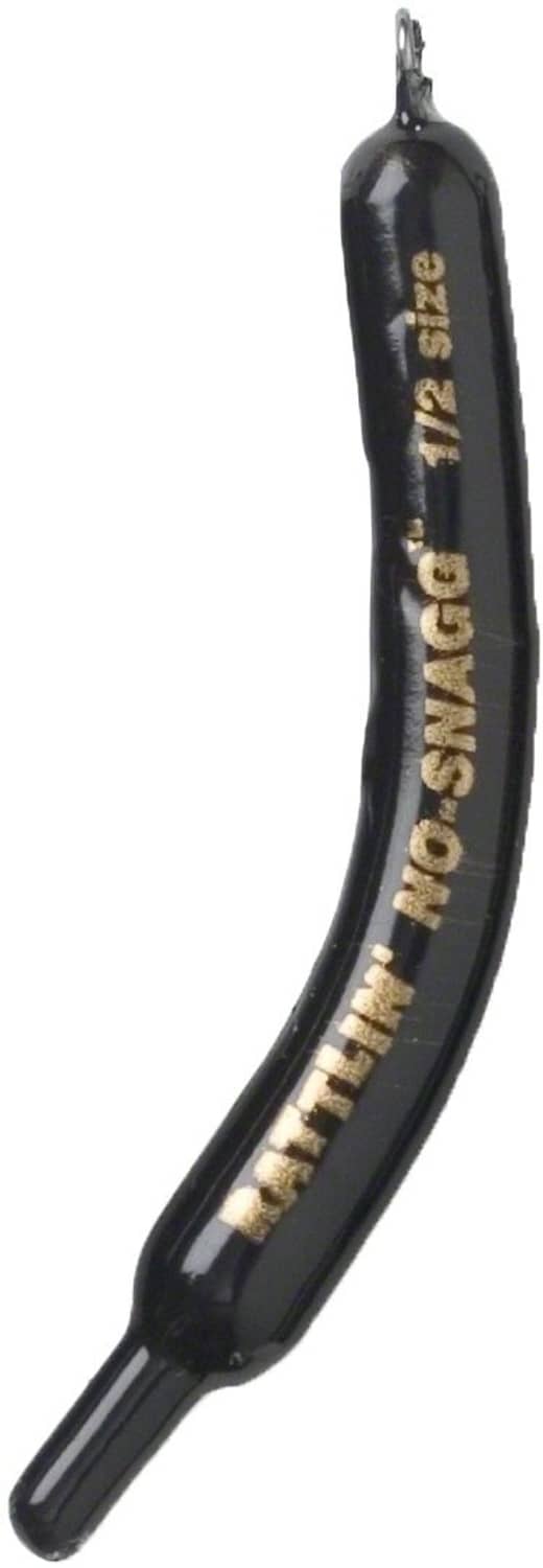 Close-up of black Lindy No-Snagg banana fishing sinker, 1/2 size