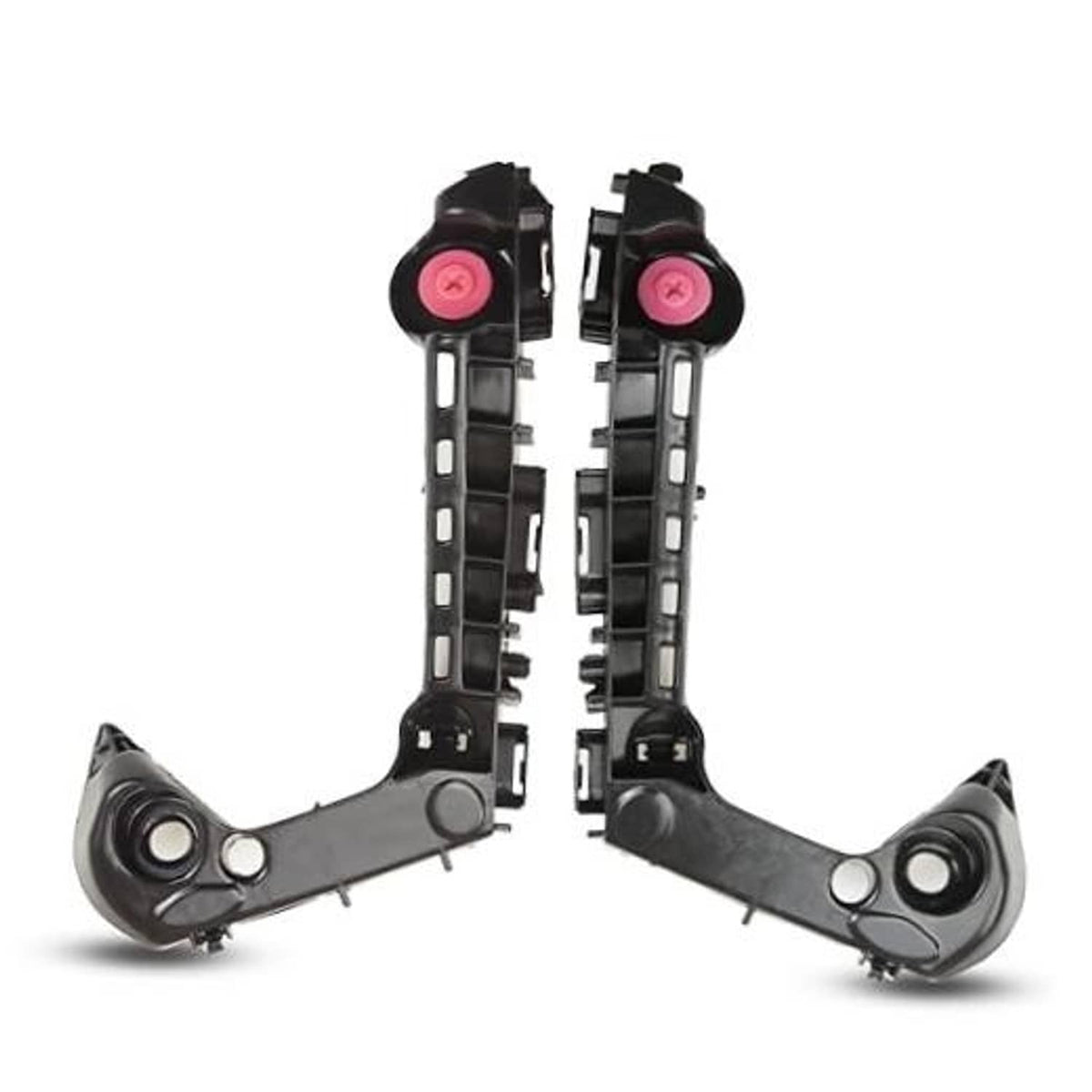 Front bumper mount bracket retainer pair, black plastic with round bearing openings and pink pins