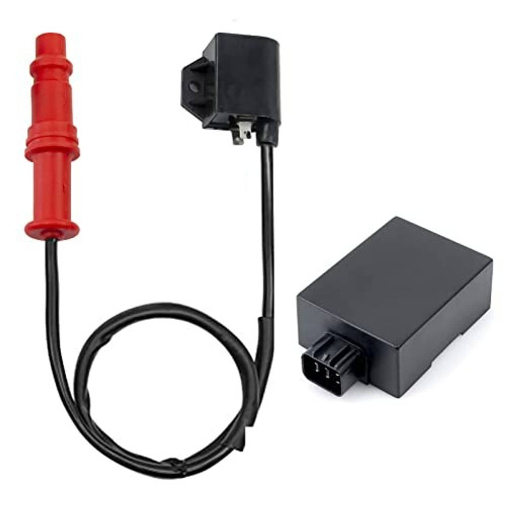 Ignition coil assembly with red cap, black box module, and looped cable