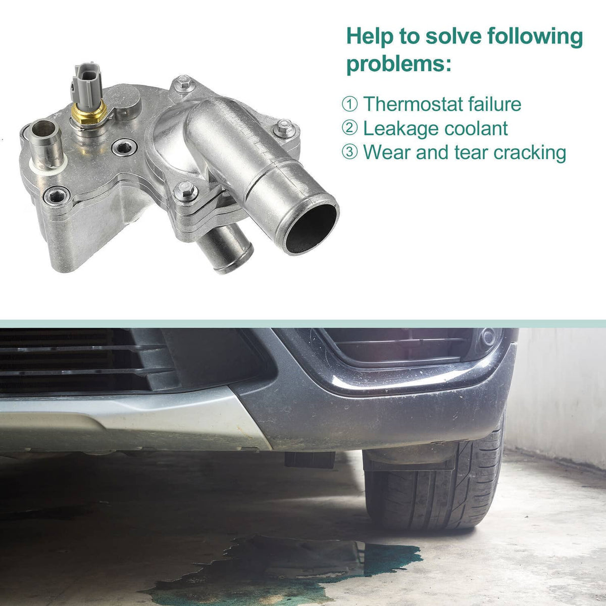 Aluminum thermostat housing with outlet pipes and sensor area, silver metal