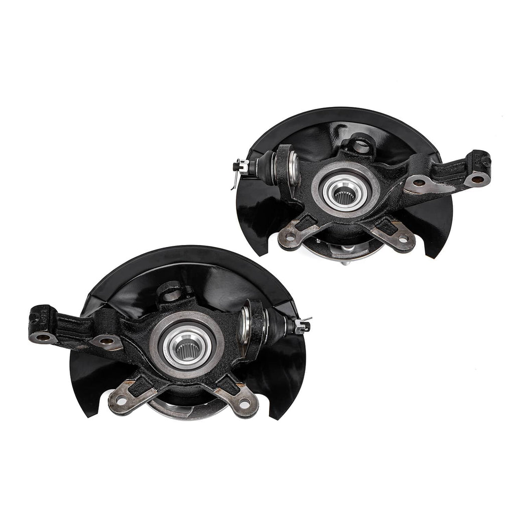 Front wheel hub bearing and steering knuckle assembly, angled view with mounting bolts