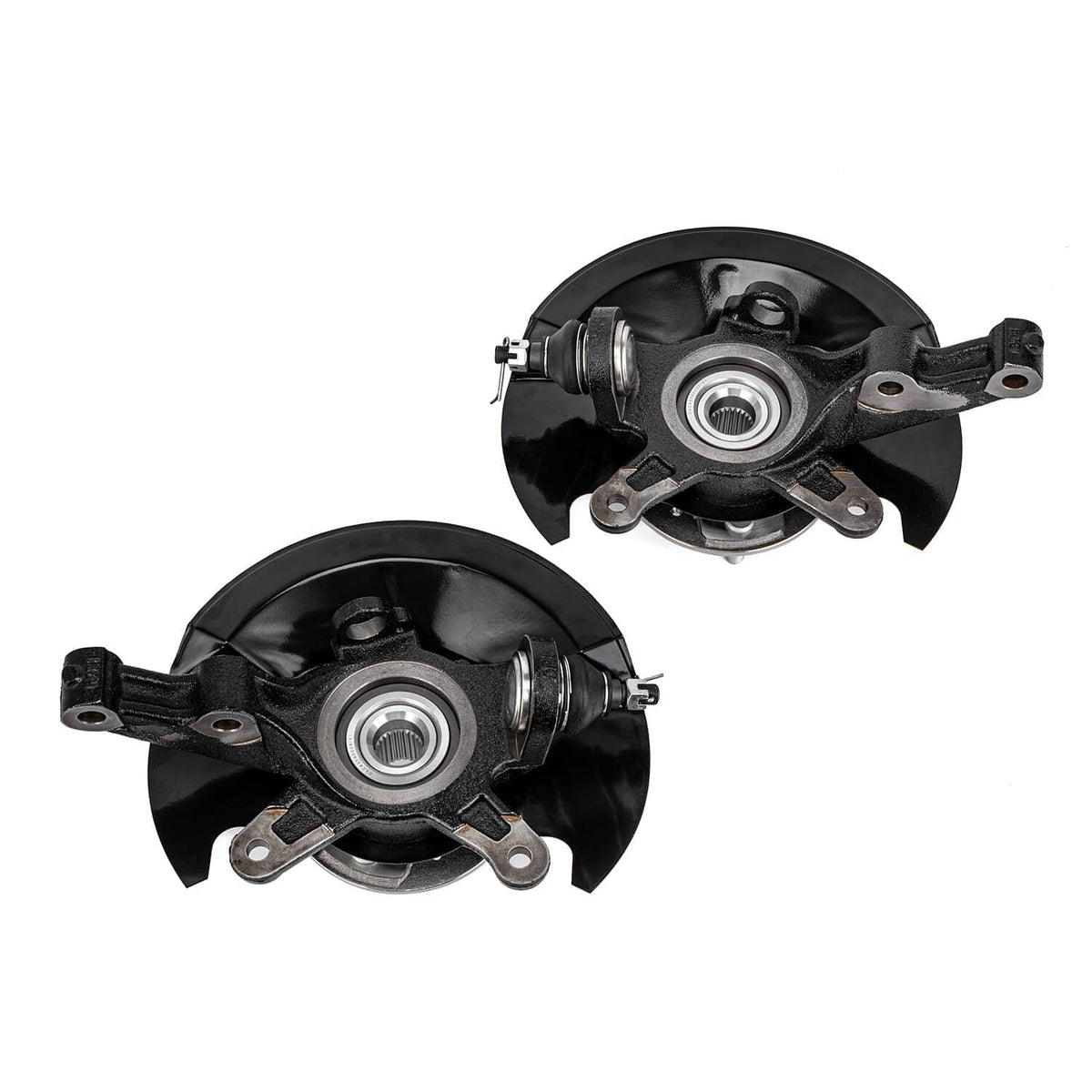 Front wheel hub bearing and steering knuckle assembly, angled view with mounting bolts