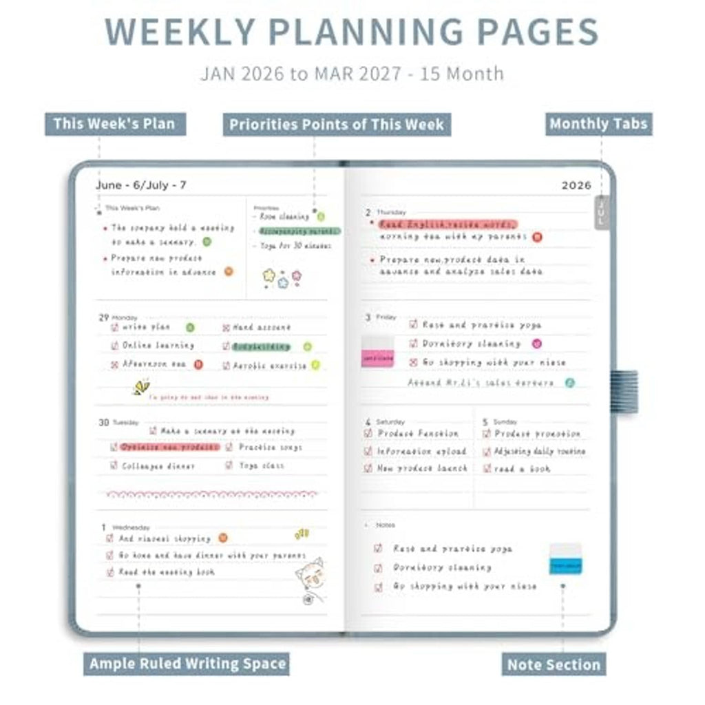 Weekly planning pages for Jan 2026 to Mar 2027 with weekly plan and priorities sections