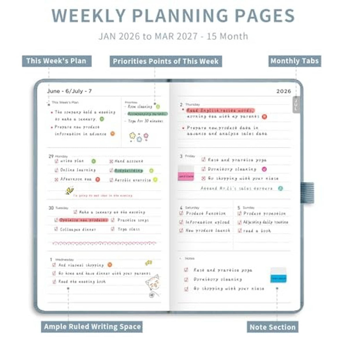 Weekly planning pages for Jan 2026 to Mar 2027 with weekly plan and priorities sections