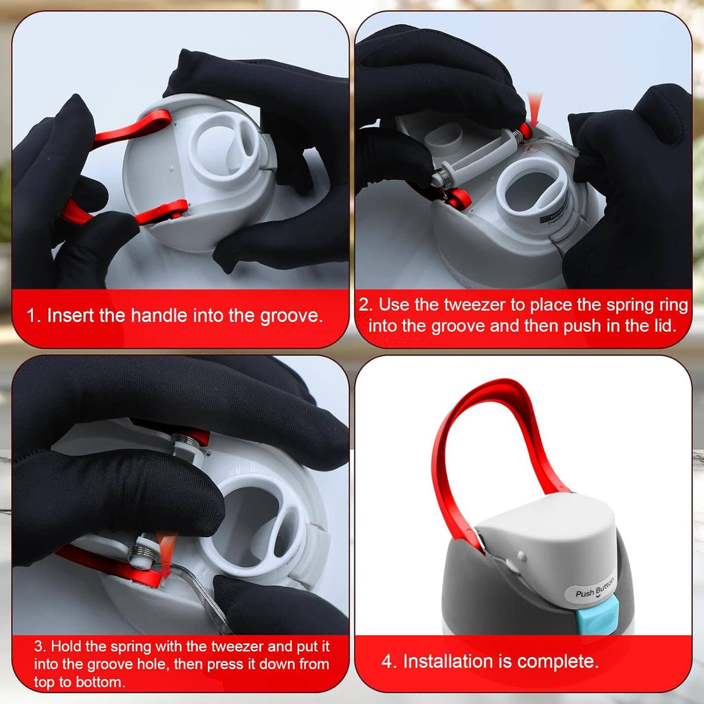 Red carry loop handle installation steps on a bottle cap with handle and spring ring.