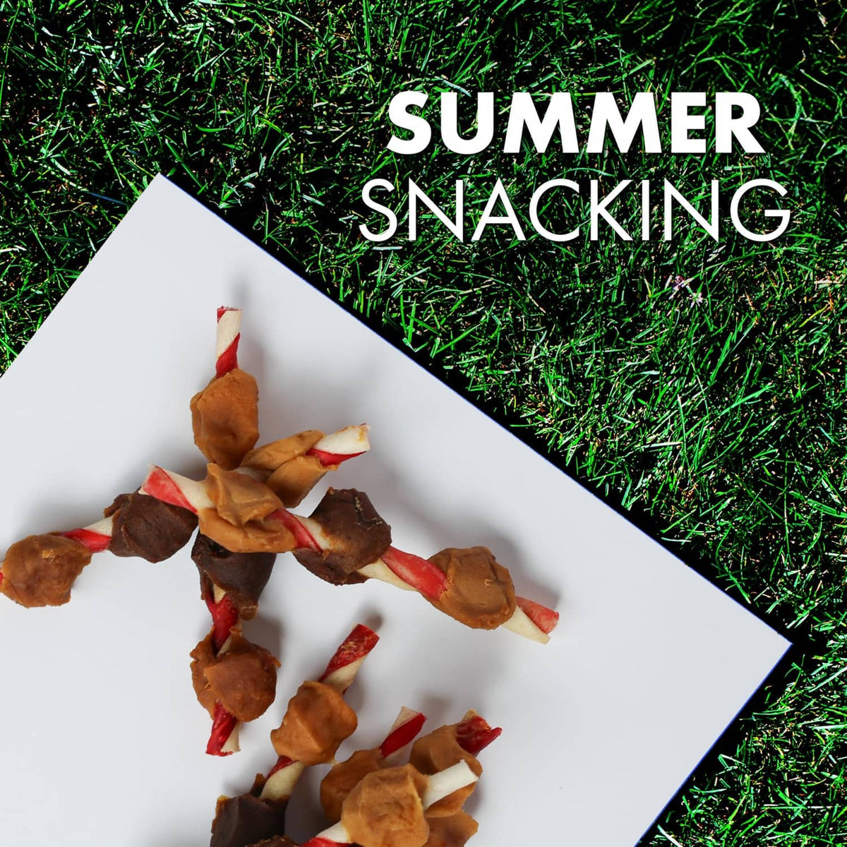 Summer snacking card on grass with scattered dog kabob treat pieces