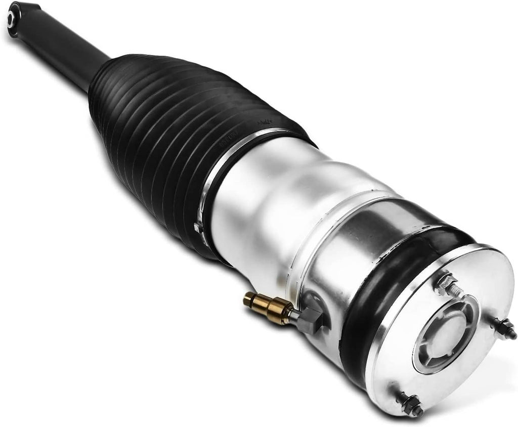 Rear air suspension strut with silver cylinder, black bellows, and black shock tube