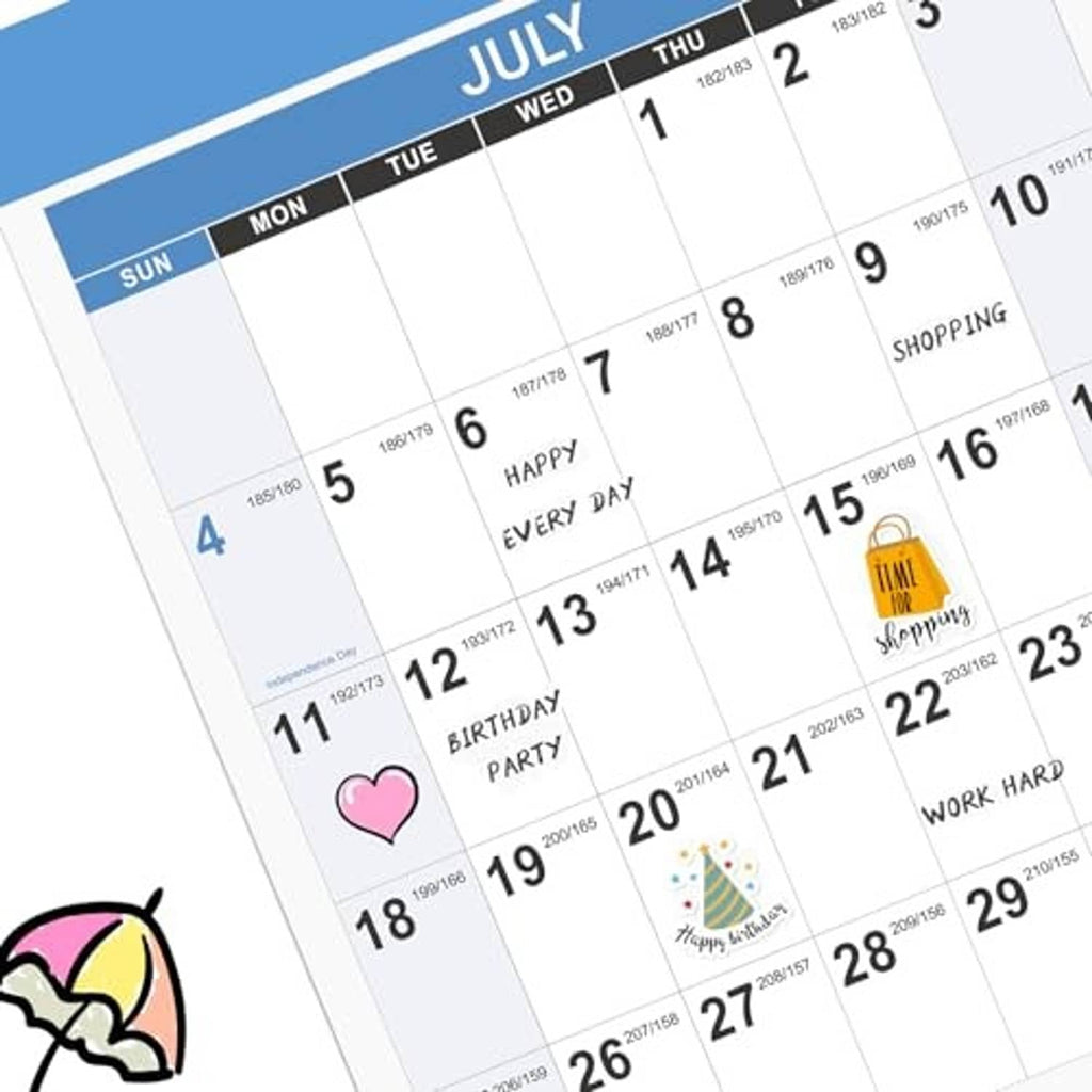 2027 calendar close-up of the July month grid with small illustrated reminder icons.