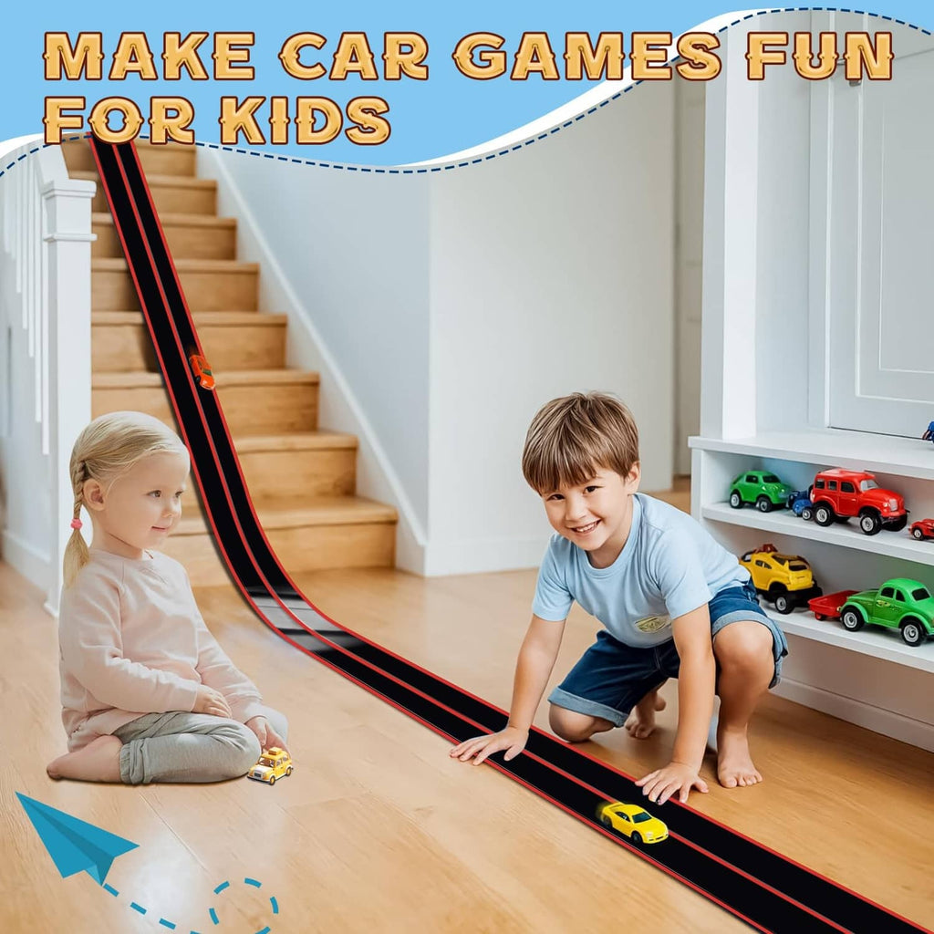 Kids car track set, black lanes with red trim and suction base holders
