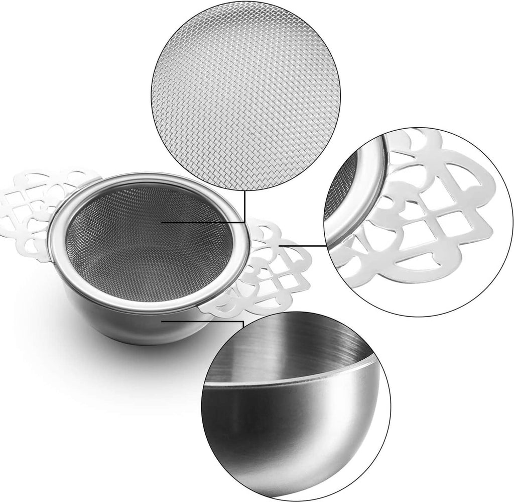Mesh tea strainer with ornate cutout handle plus stainless drip bowl insert