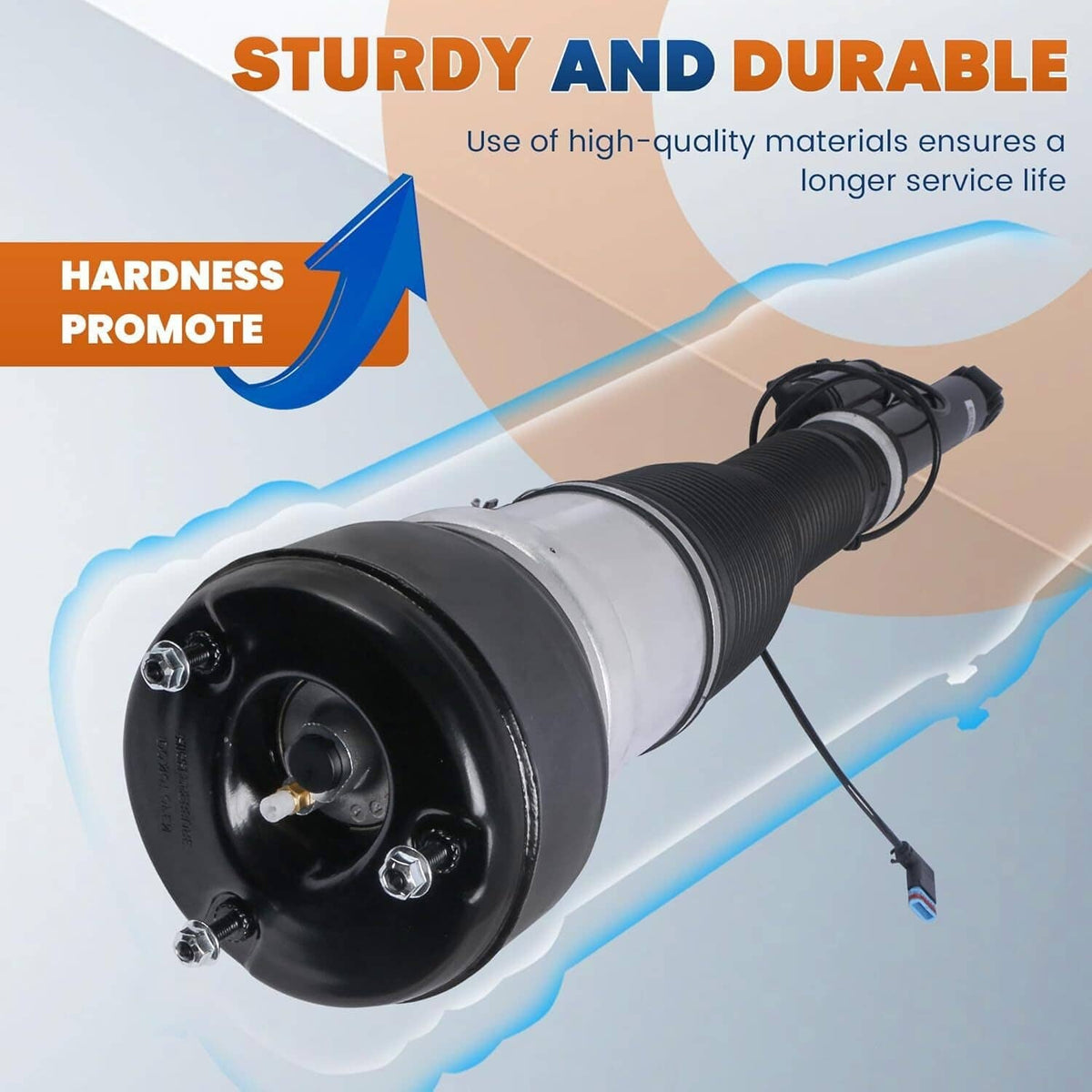 Air suspension strut with black dust boot, black end cap, and silver cylinder section.