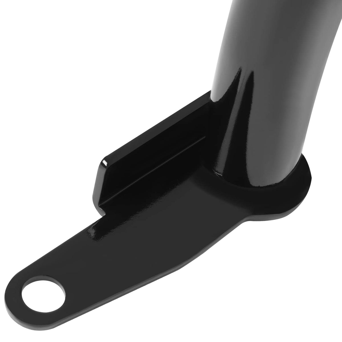 Close-up of black crash bar mounting bracket plate with bolt hole
