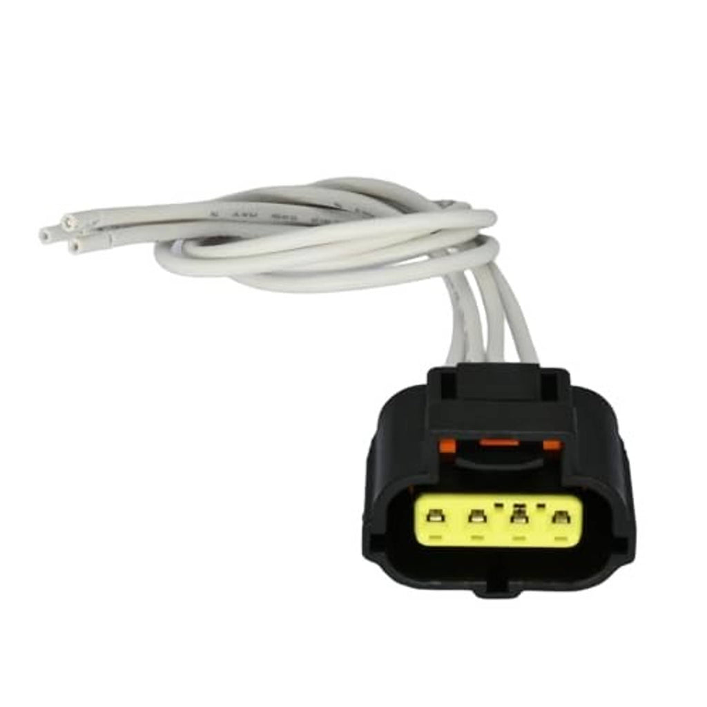 Throttle position sensor wiring connector with black housing, yellow pin socket, and white wires