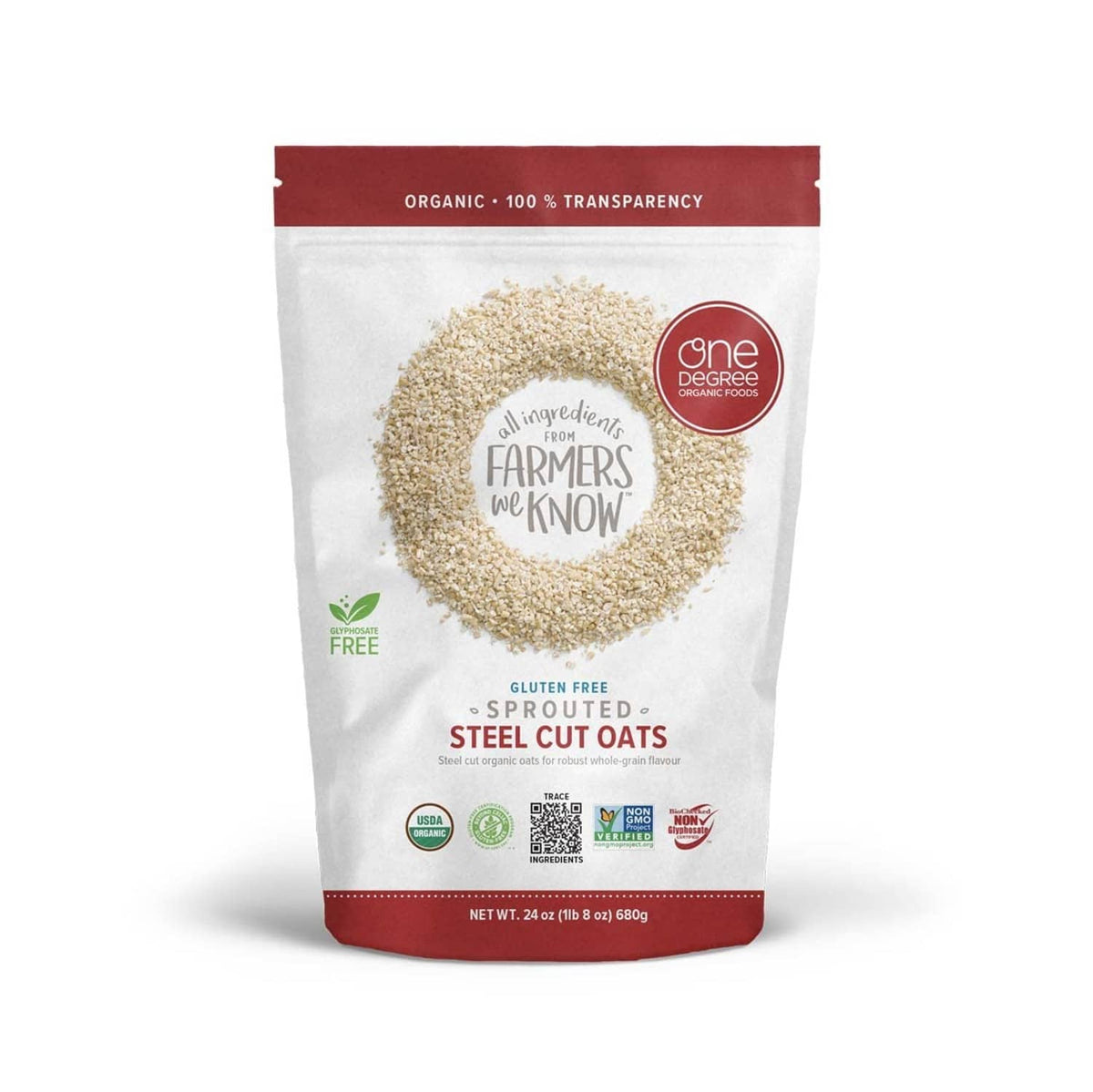 Single sprouted steel cut oats pouch with circular “One Degree” logo and ingredient icons