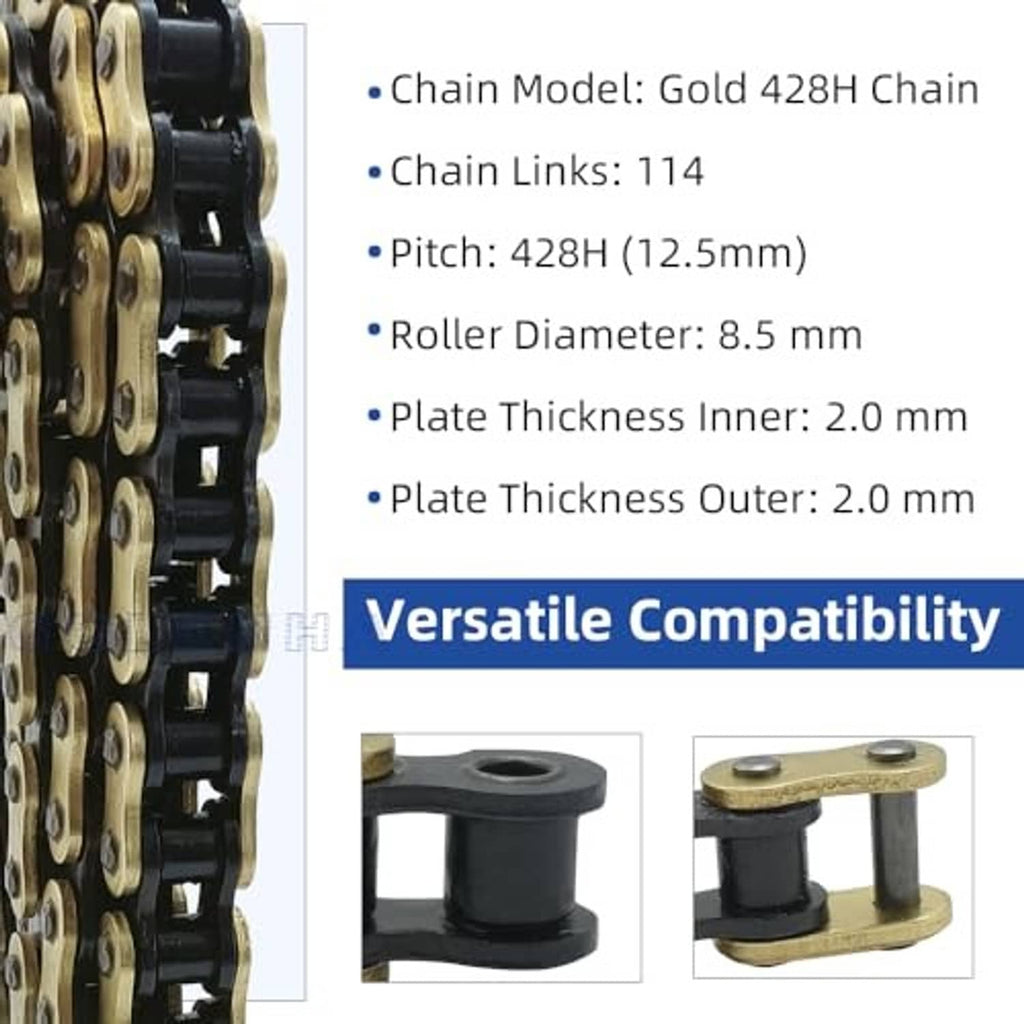 Gold 428H chain links close-up with connector link details and chain specifications