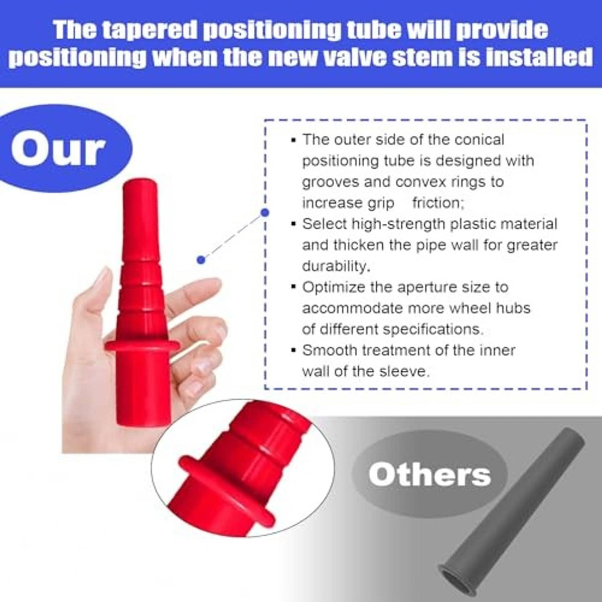 Red conical positioning tube for tire valve stem installation with smooth grip