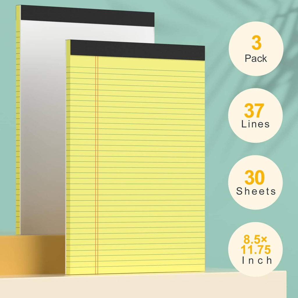 Yellow legal pad with black top strip, lined paper stack, 30 sheets