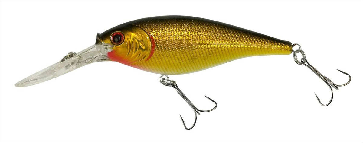 Gold fishing crankbait lure with red eye, white belly, and treble hooks