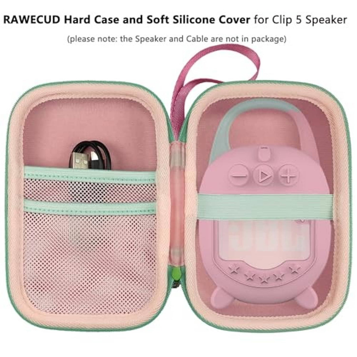 Open pink hard case with inner mesh pouch and molded pink silicone speaker cover