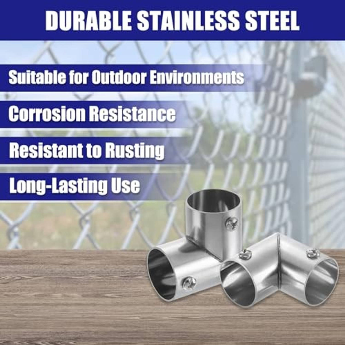 Stainless steel 90° elbow pipe connector with two mounting screws, compact elbow
