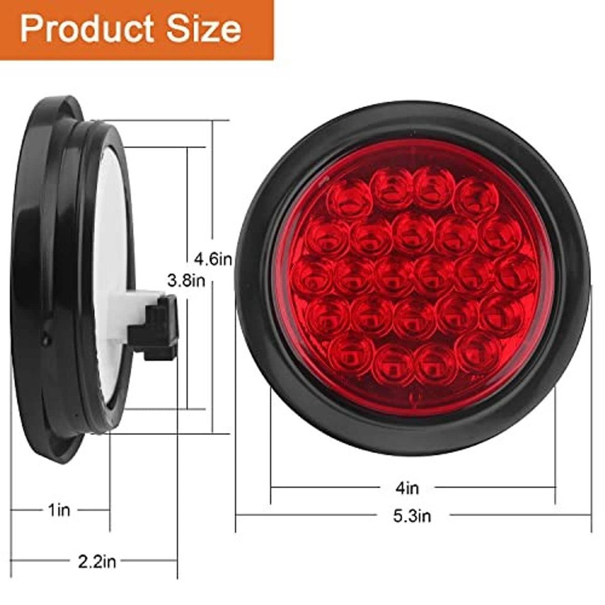 Round red LED light with product size dimensions diagram