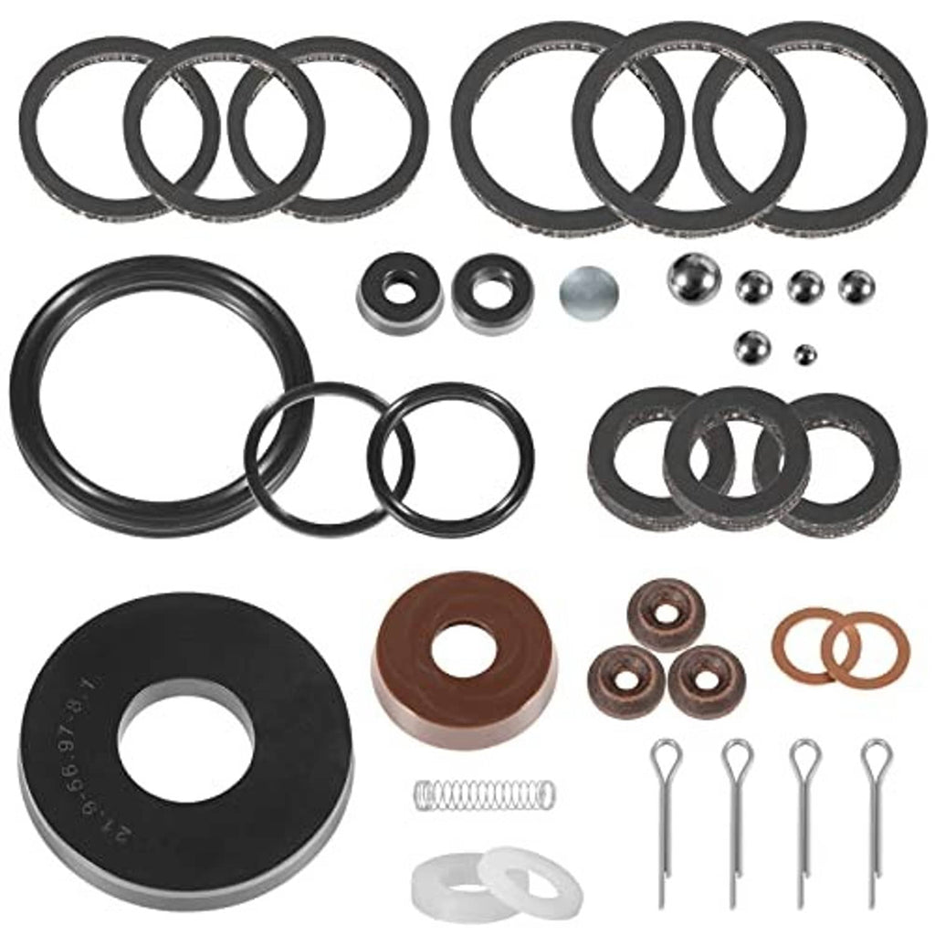Seal kit assortment: black rings, brown seal, metal bearings, pins, and spring