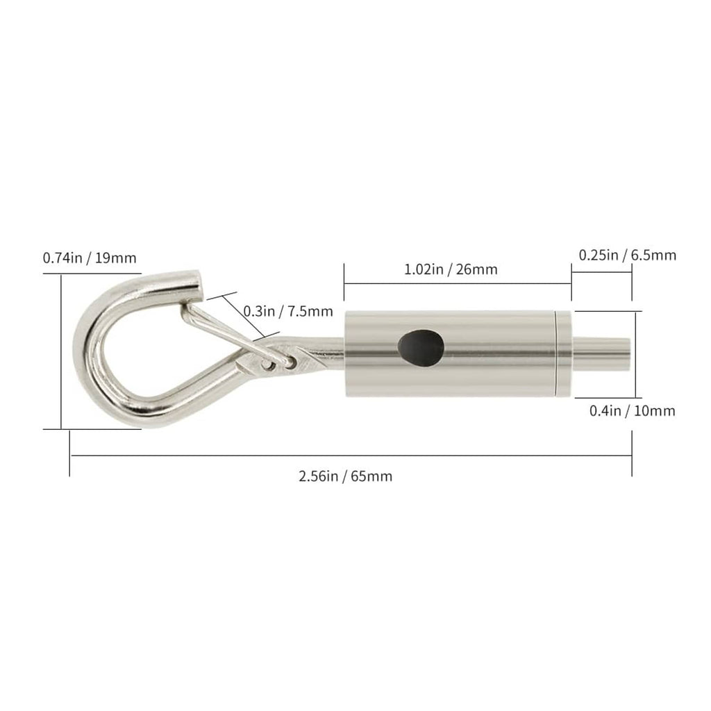 Hook and eye turnbuckle tensioner with loop hook, cylindrical body, and cable