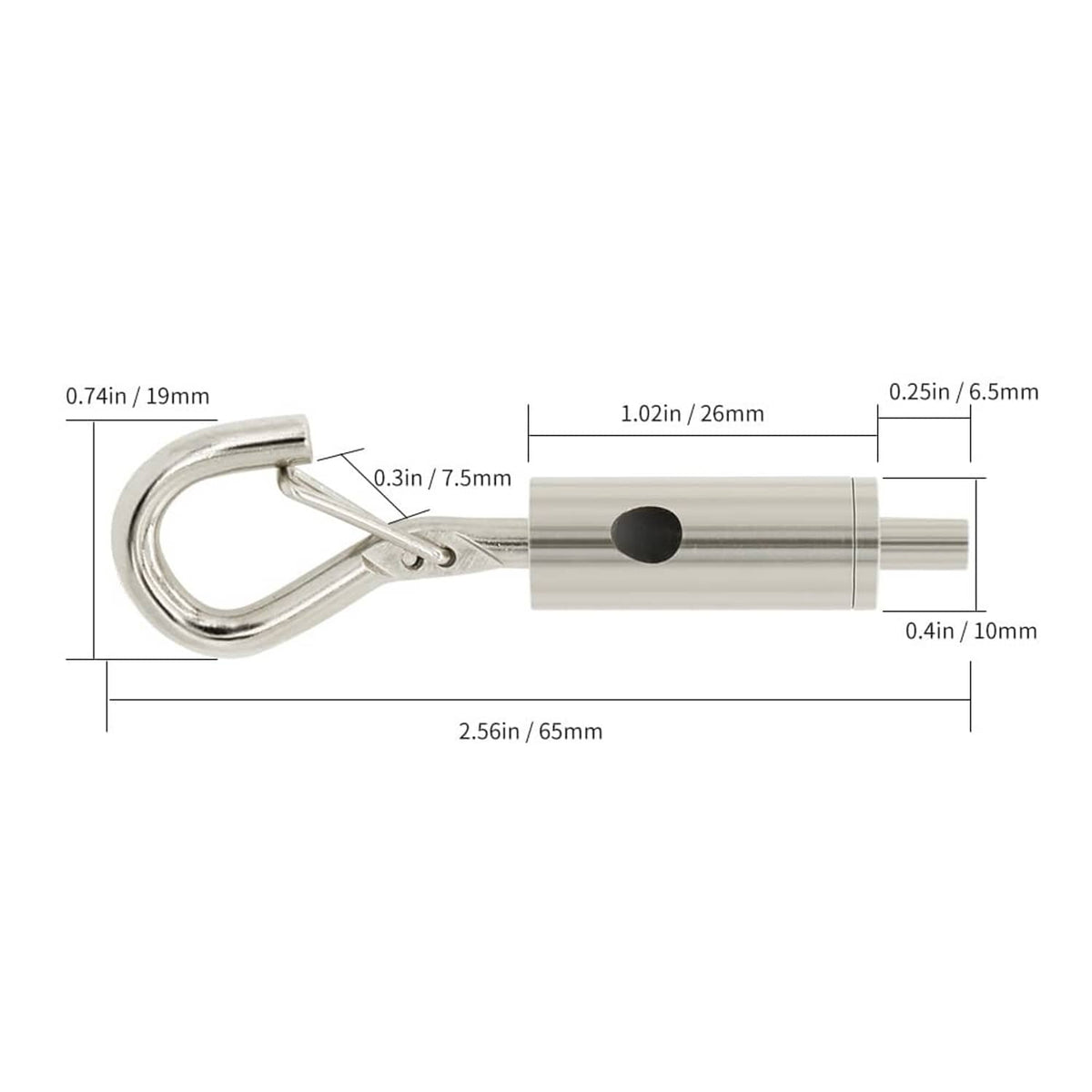 Hook and eye turnbuckle tensioner with loop hook, cylindrical body, and cable