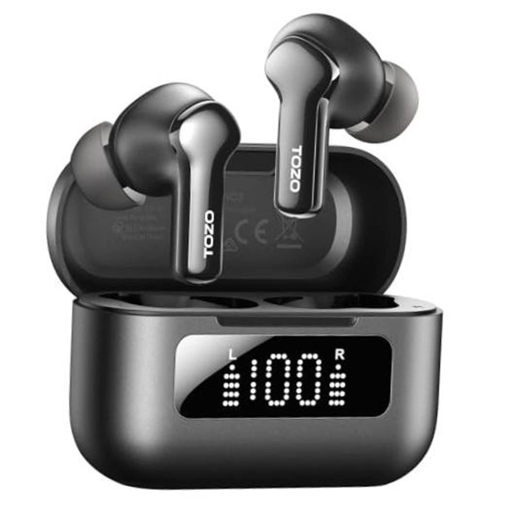 Black wireless earbuds with charging case, LED display visible on the front