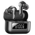 Black wireless earbuds with charging case, LED display visible on the front