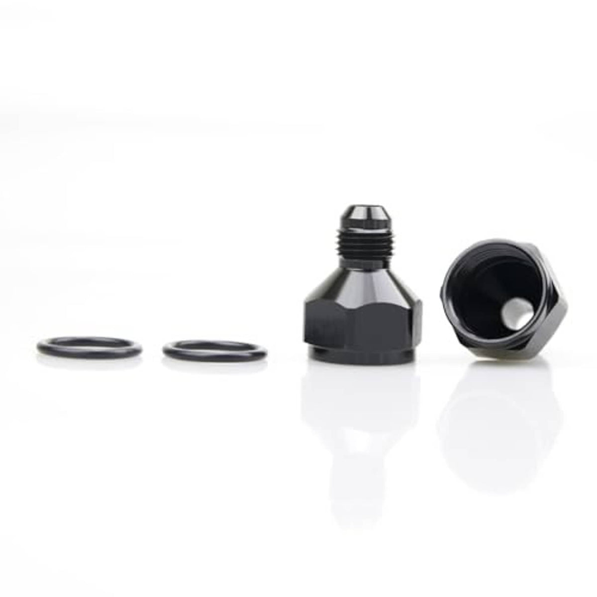 Aluminum AN reducer adapter with two black O-rings and male-style hex fitting