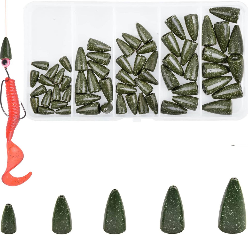 Green bullet fishing sinkers, assorted pieces in a compartment tray.