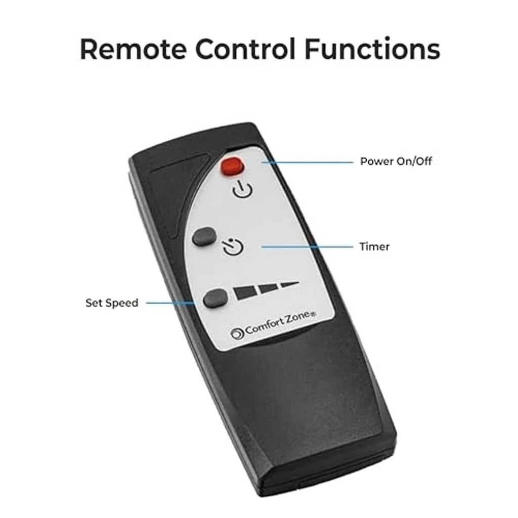 Black remote control for fan power, timer, speed, and oscillation