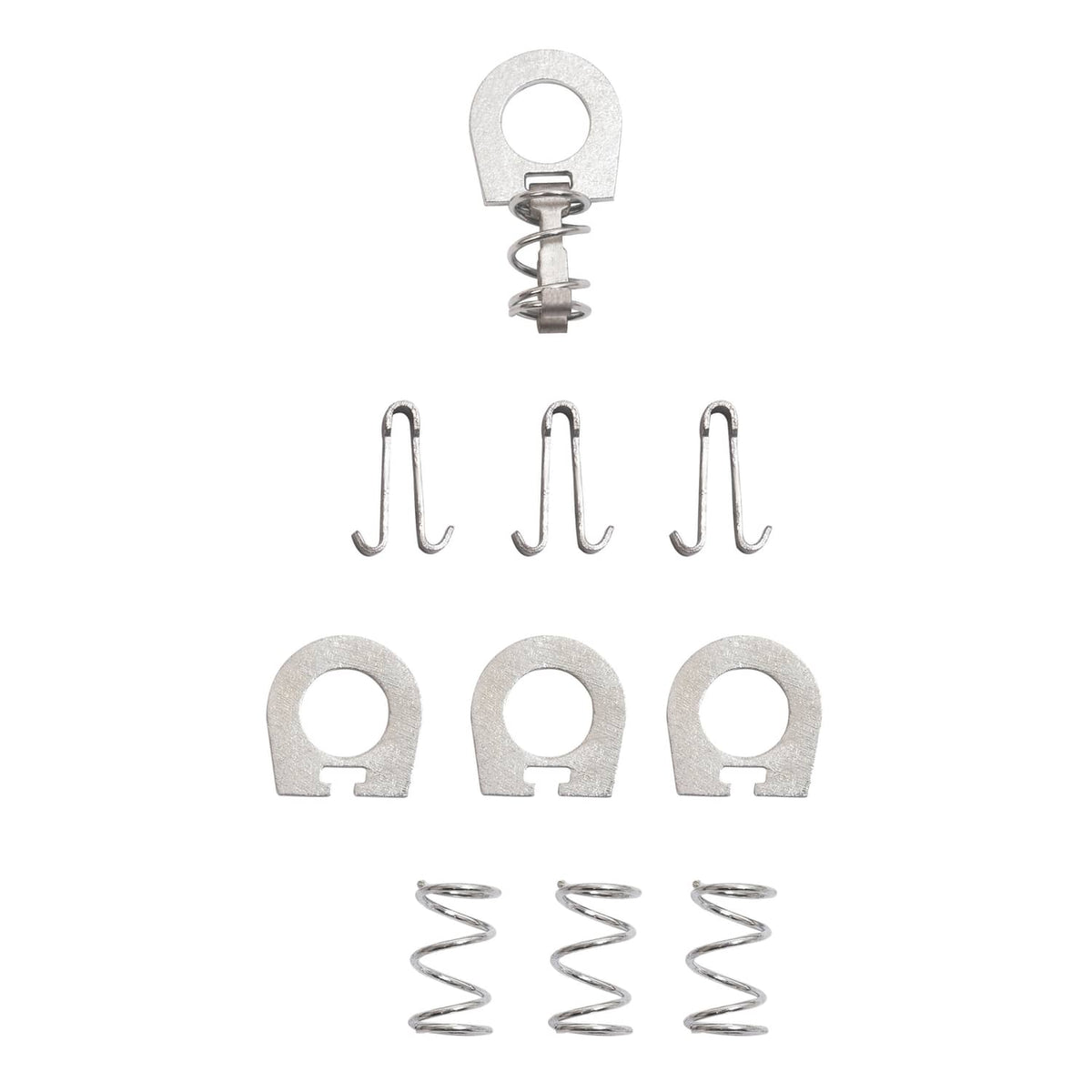 Spring latch set with brackets, hooks, and coil springs; includes multiple pieces