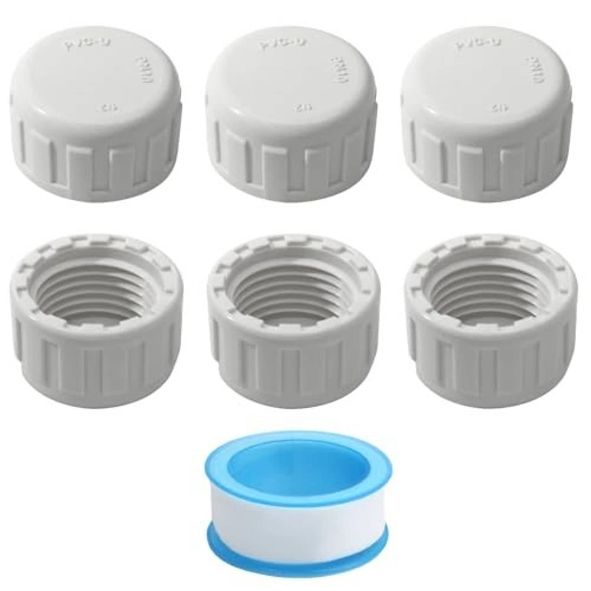 Set of 6 white PVC pipe end caps with internal threads, one includes blue seal ring