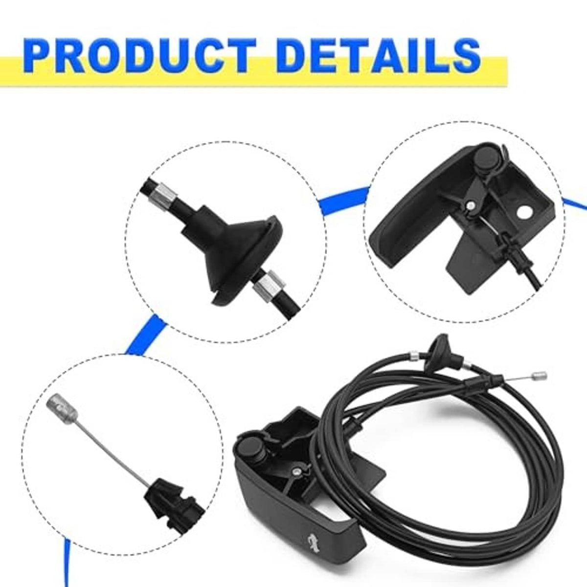 Black hood lock cable assembly with pull handle and visible end fittings for routing