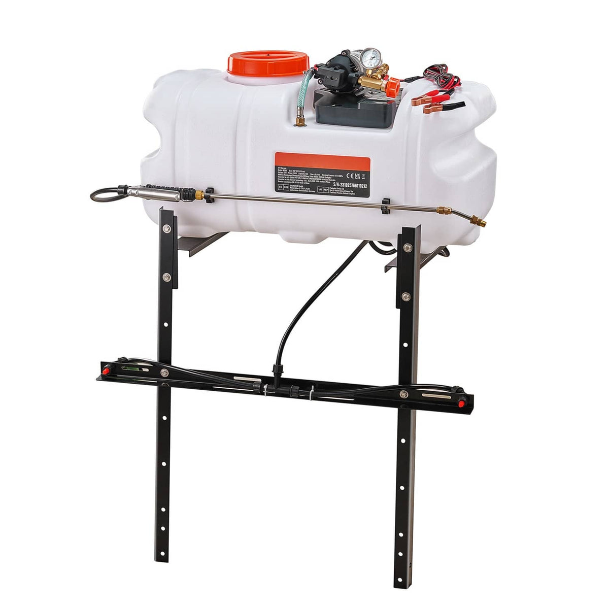 ATV spot sprayer with white 60 L tank, nozzle boom, black stand, orange cap