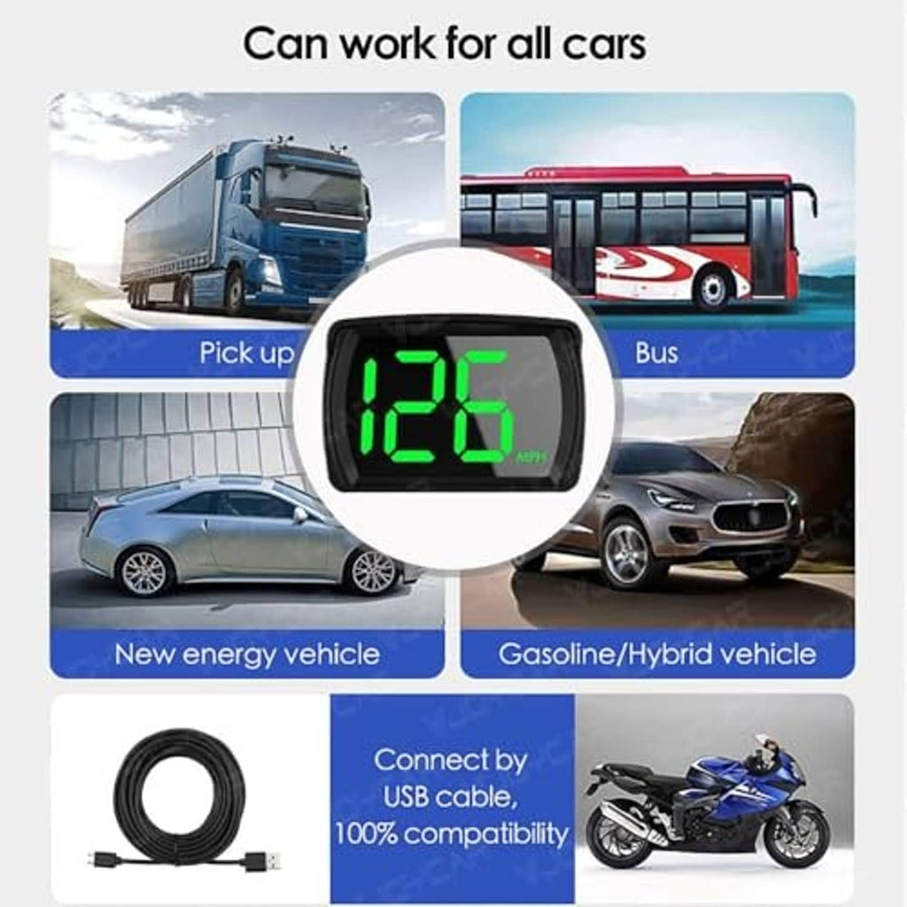 GPS HUD speedometer kit with green digital display, coiled cable, and mounting piece