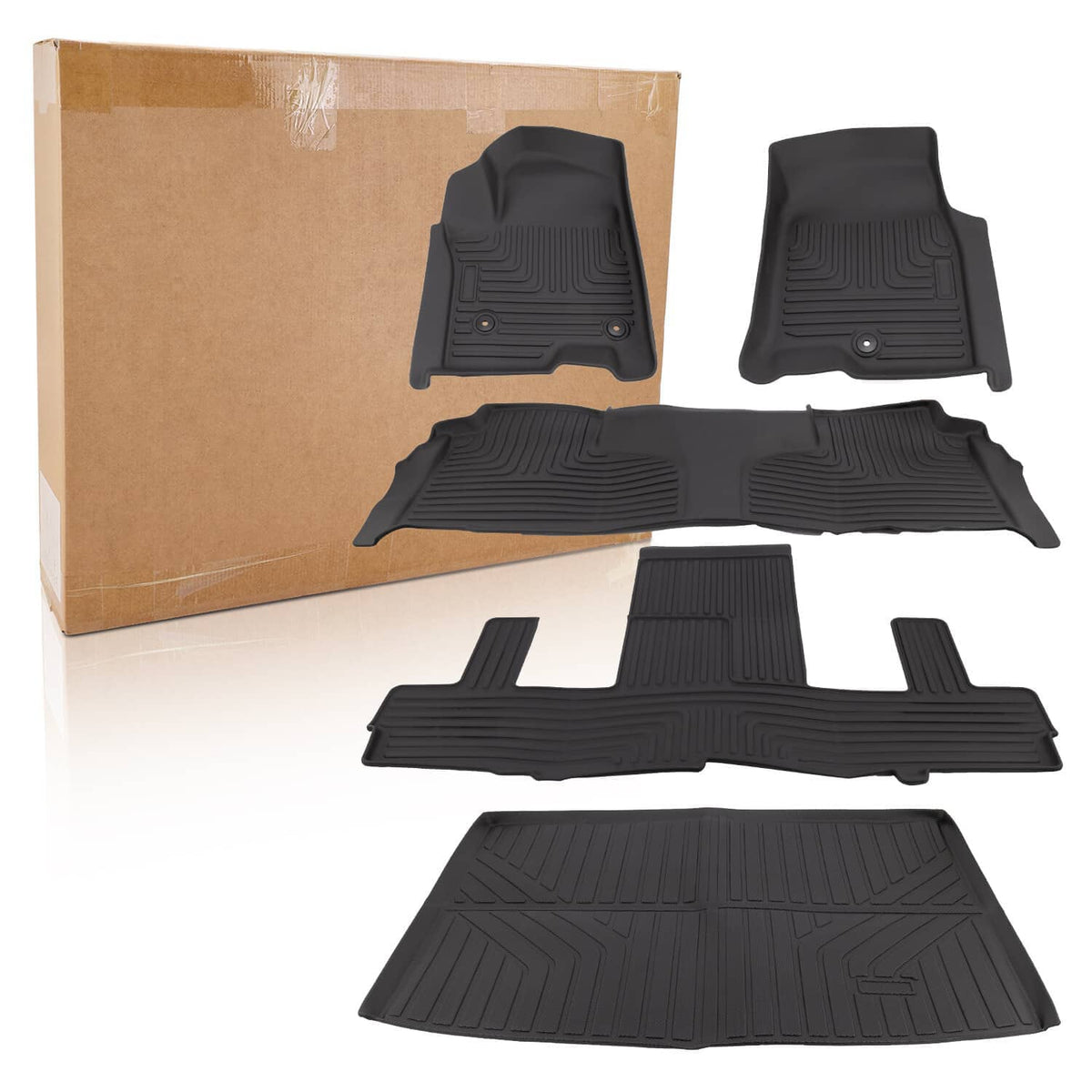 Set of black second-row bucket floor mats with molded ridges and attachment nibs
