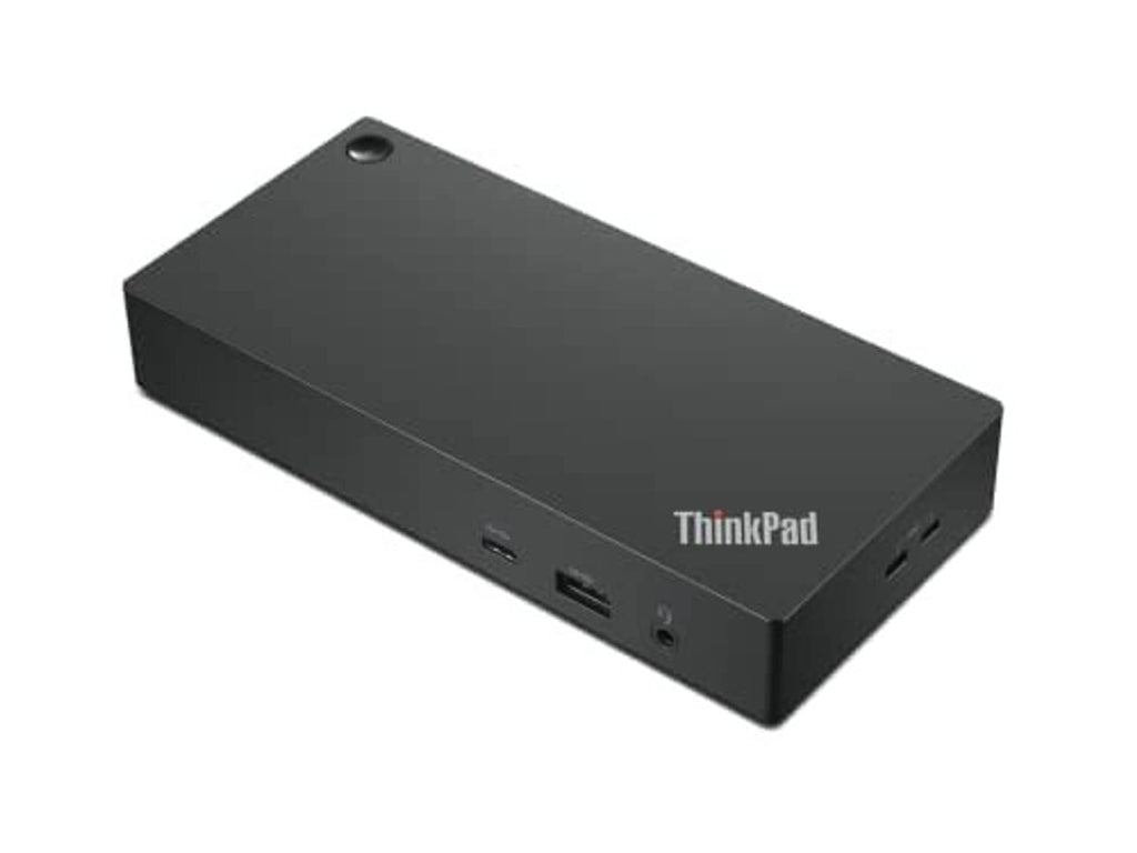 Black ThinkPad docking station with front ports and top label