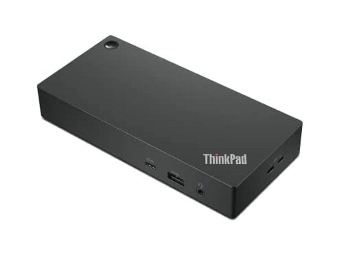 Black ThinkPad docking station with front ports and top label
