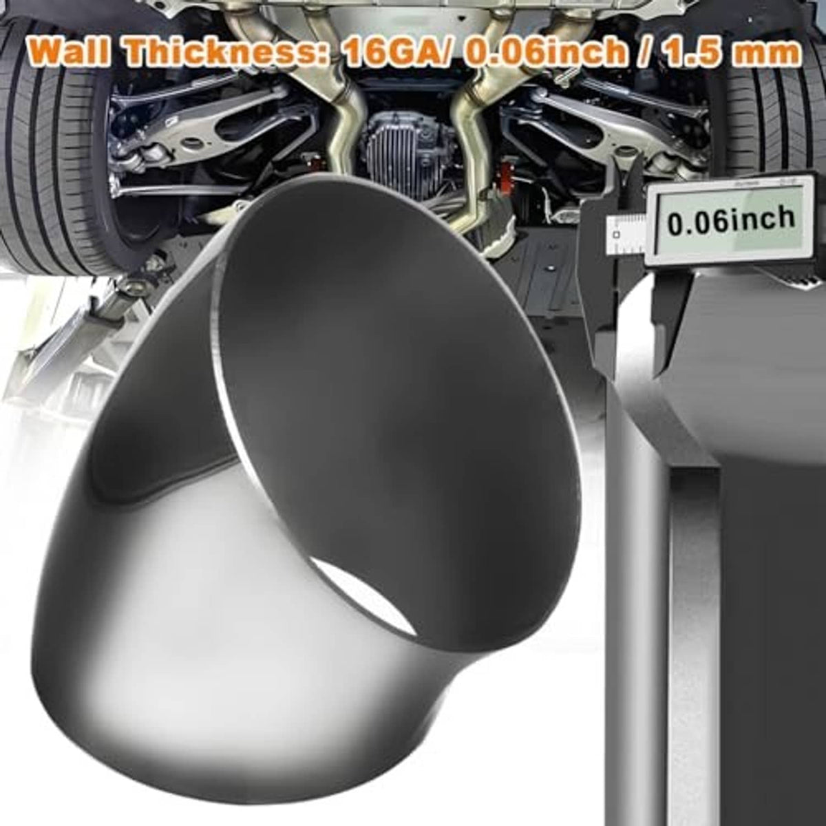 Polished stainless steel 45-degree exhaust elbow pipe with visible thick wall opening