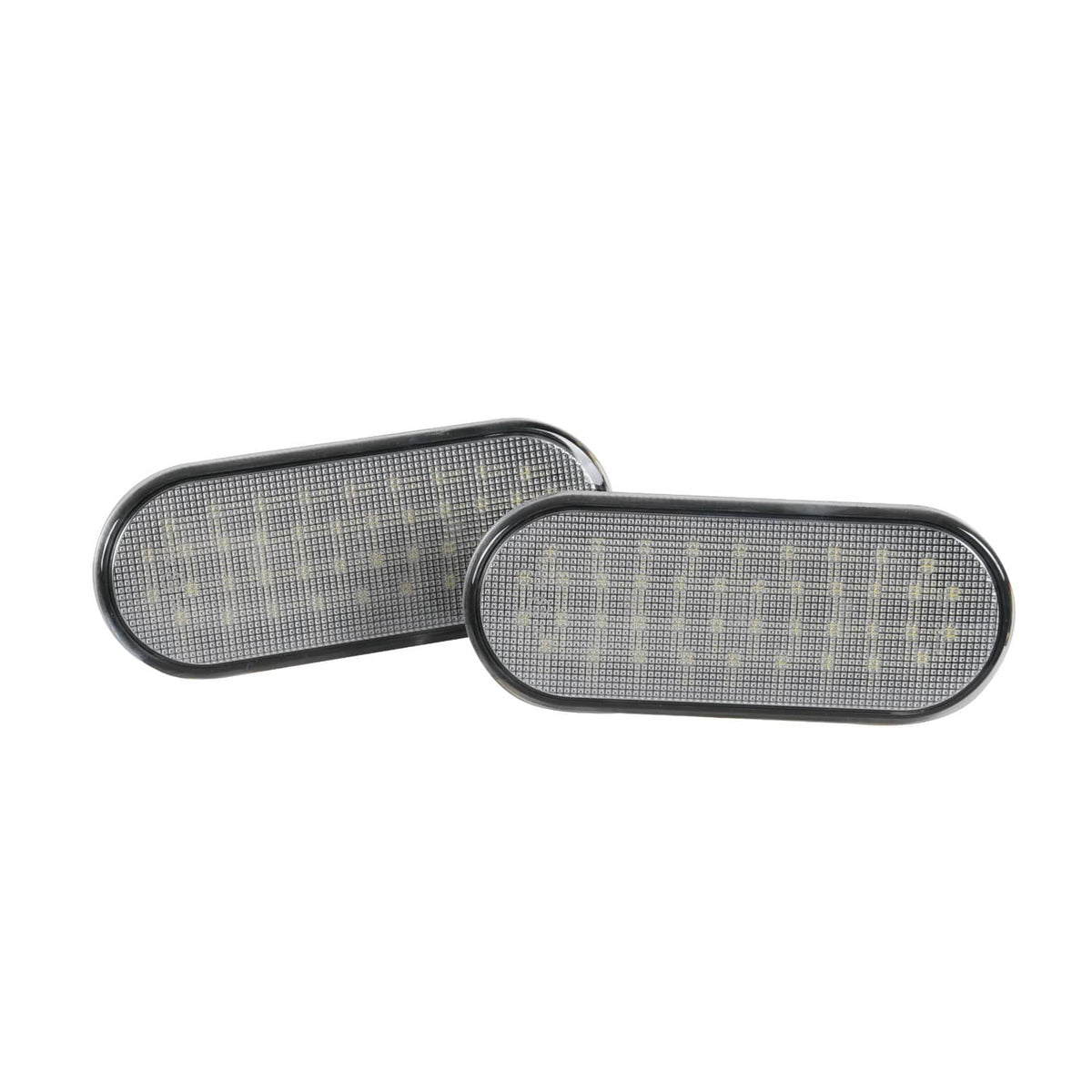 Pair of oval LED light housings with clear lens panels and black trim borders