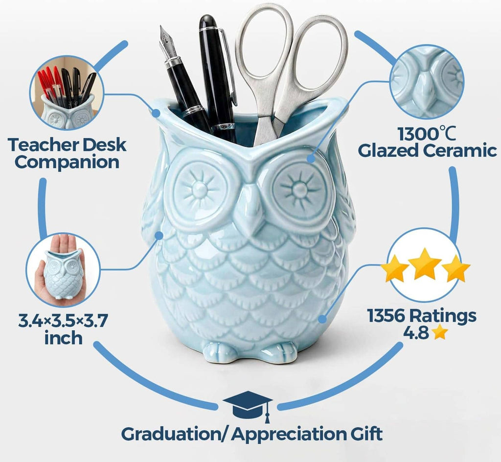 Light blue ceramic owl cup holding pens and pencils, curved top opening