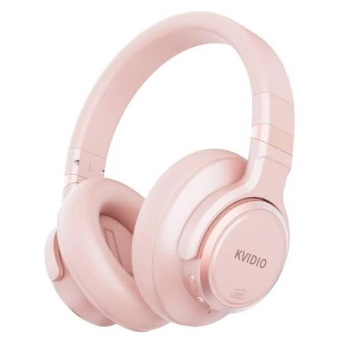 Pink over-ear wireless headphones with KVIDIO logo on the earcup