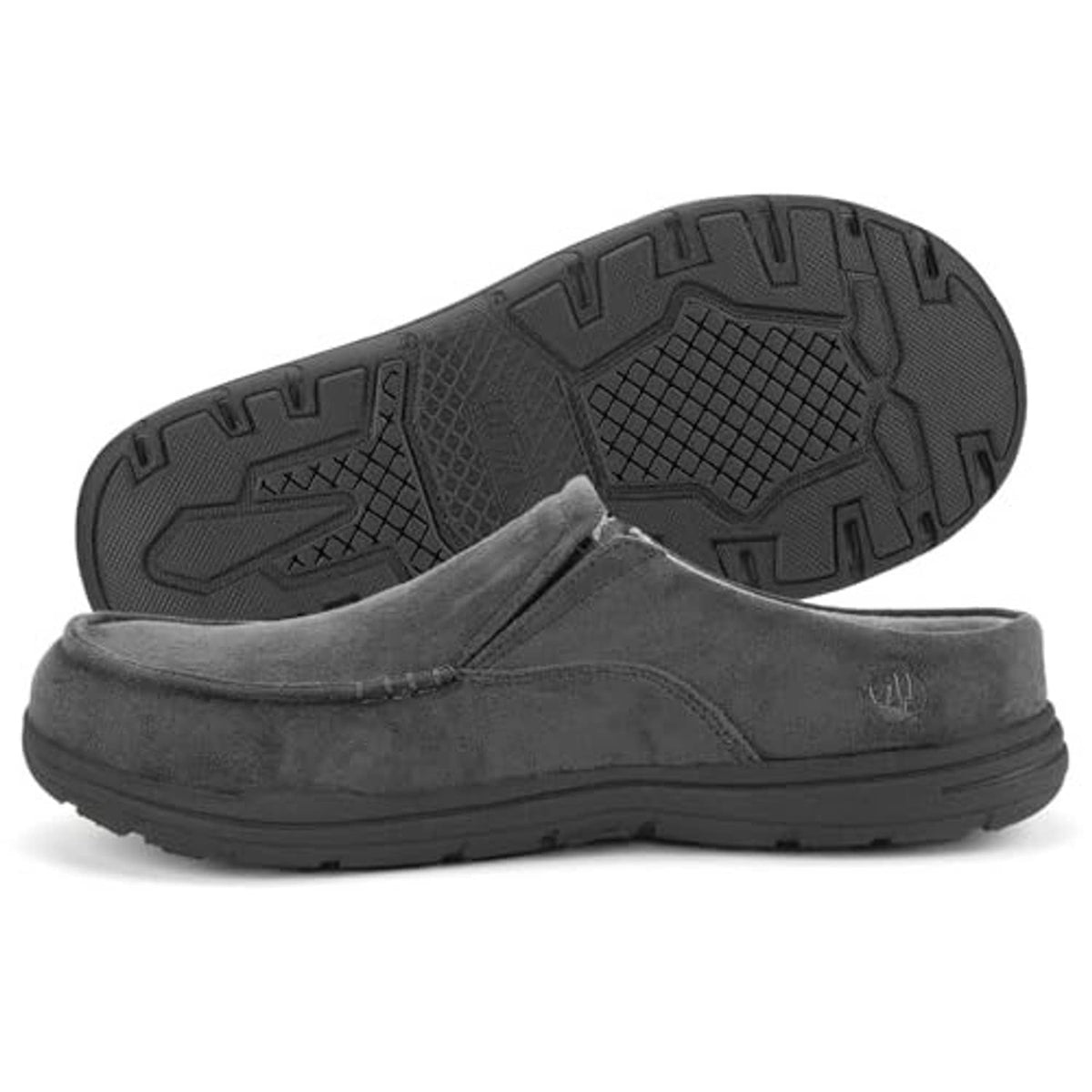 Men's slate grey cushioned clog slipper with textured rubber tread sole, side view