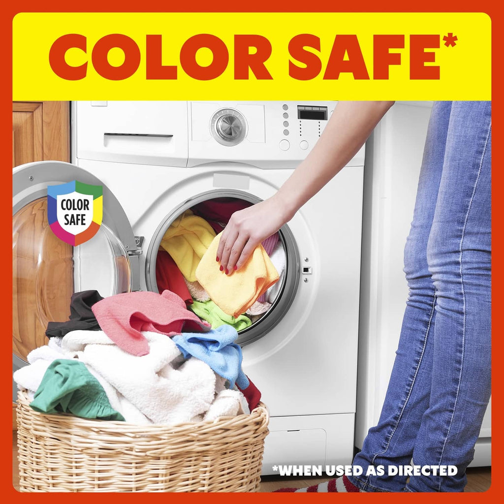 Color safe laundry graphic with person loading clothes into washing machine