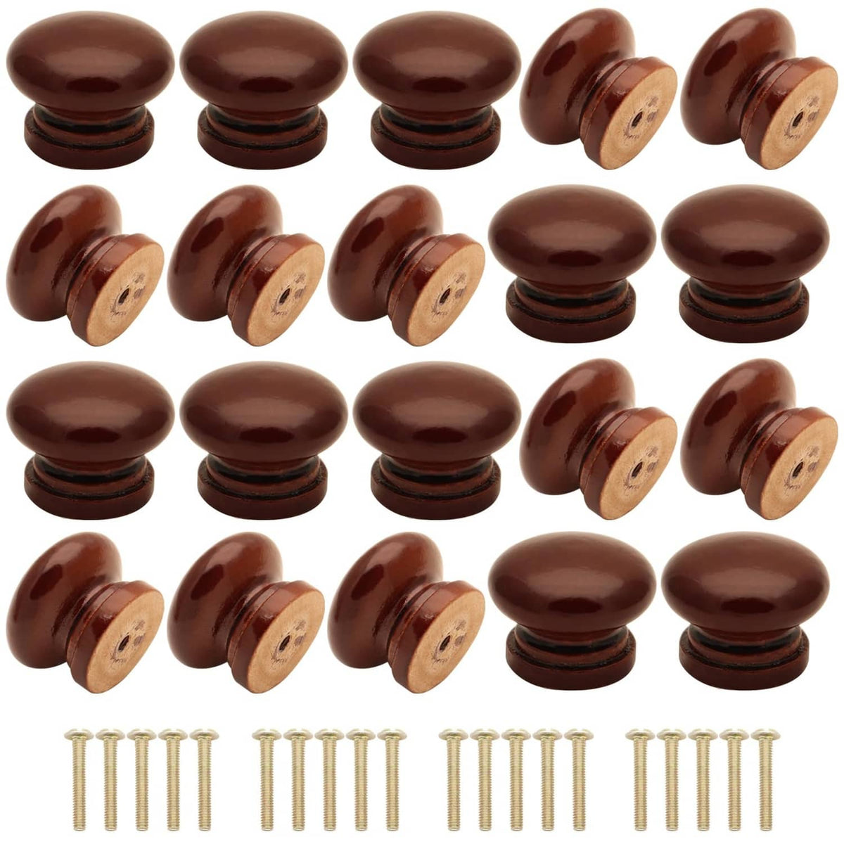 Brown mushroom-style wood dresser knobs with brass screw posts and round domed tops (set)