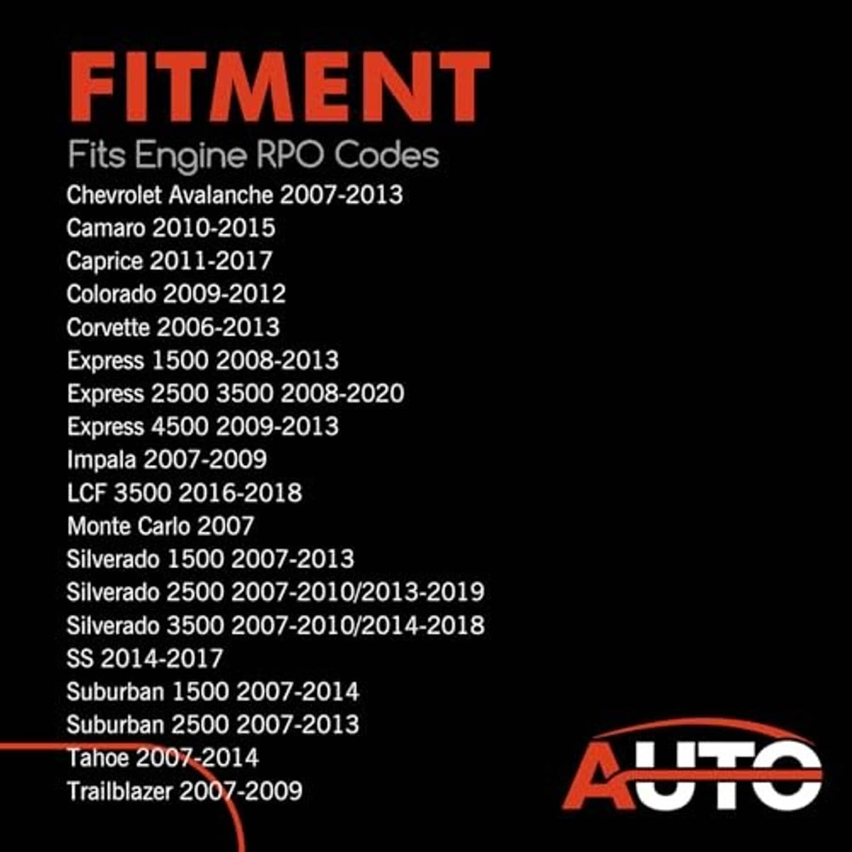 Vehicle fitment compatibility list graphic for crank sensor harness, AUTO logo